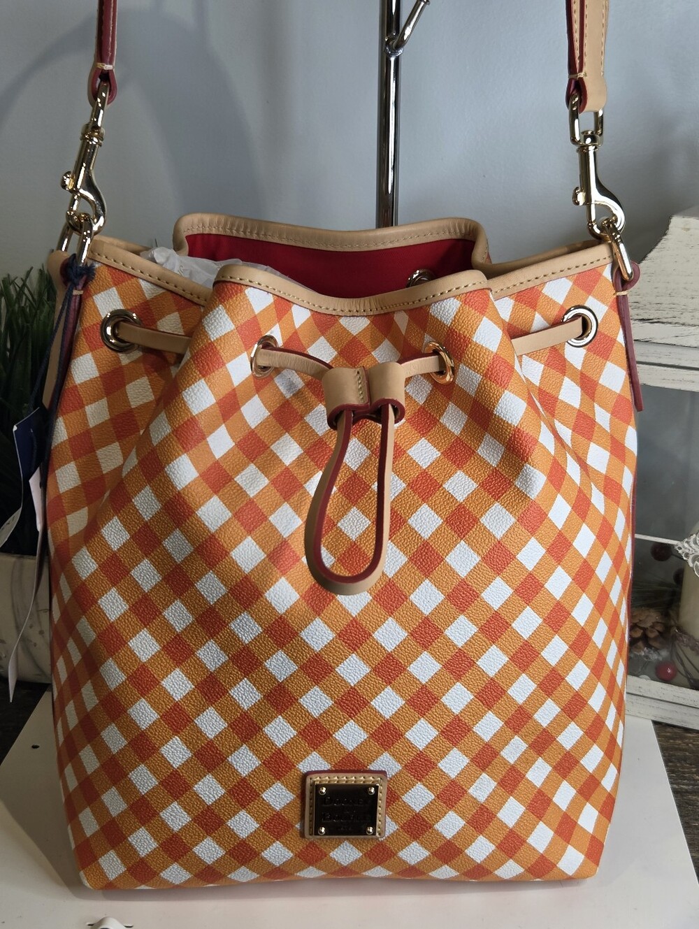Dooney & Bourke NWT Gingham II Drawstring Bag Orange White - Pristine!